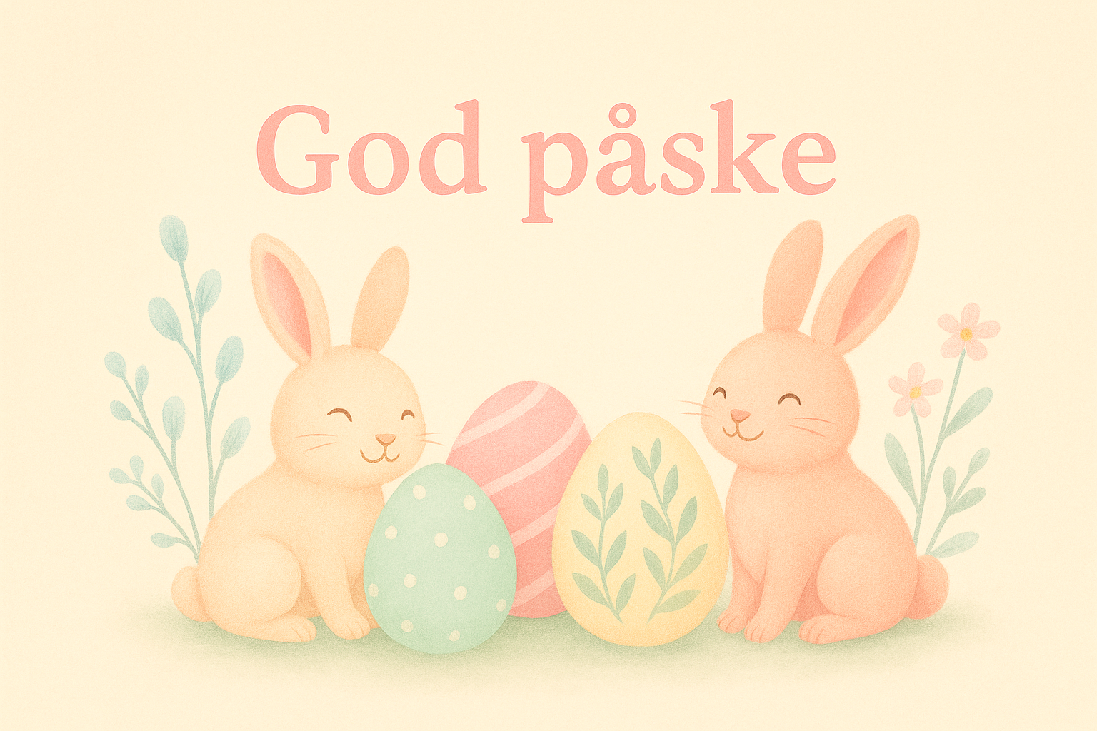 Illustrasjon med to tegnete påskeharer som sitter på hver sin side av tre dekorerte påskeegg, omgitt av enkle planter. Øverst står teksten ‘God påske’.
