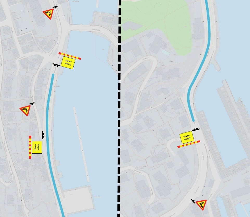 Kart som viser stengt veistrekning i Havnegaten i forbindelse med reasfaltering. Gjennomkjøring er stengt mellom området ved Verven kai og Sundsodden. Adkomst til Gåseholmen og Engøy skjer via Listerveien og Strandgaten, mens Sundsodden og Badehuset kan nås via Lauervik Terrasse. - Klikk for stort bilde