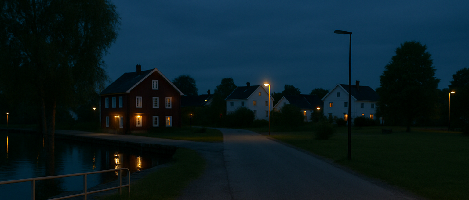 En mørklagt gate siden gatelyset ikke virker