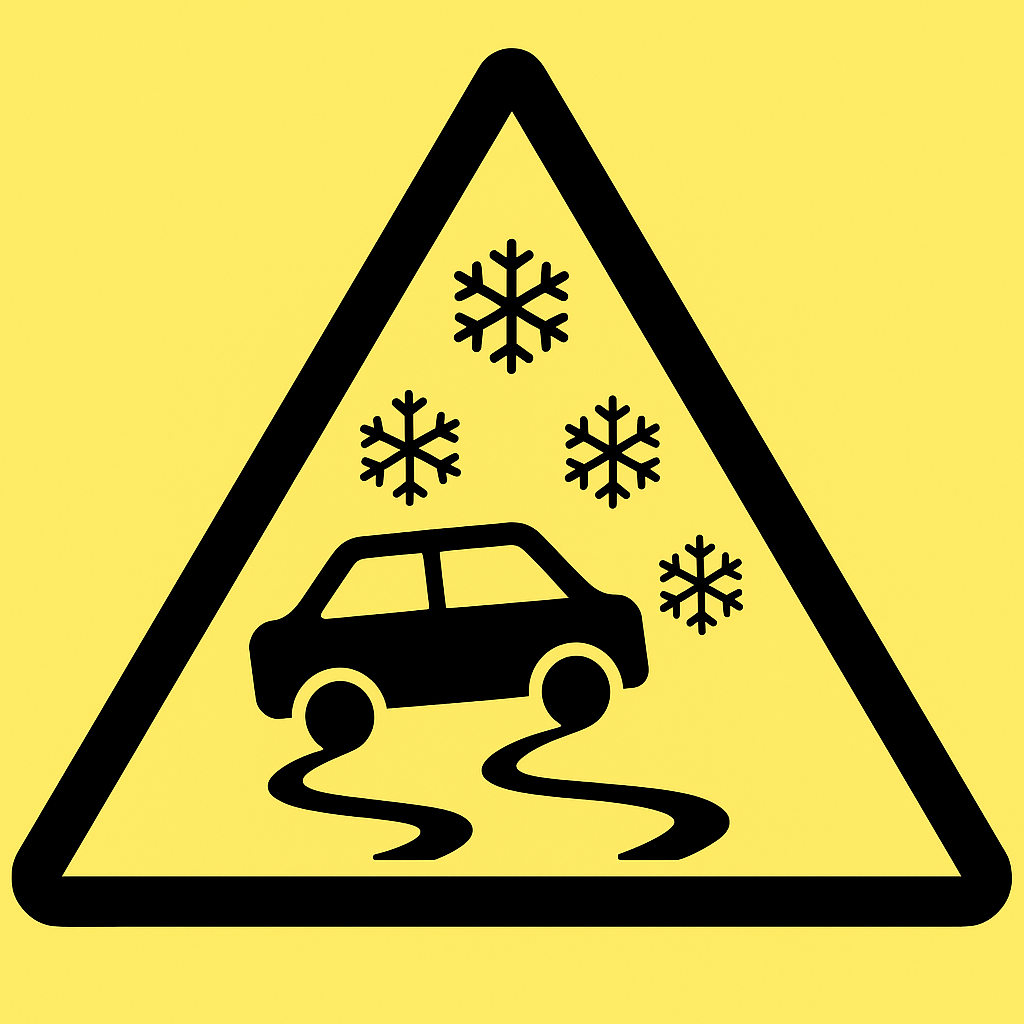 Trekant med snø og en bil på gul bakgrunn