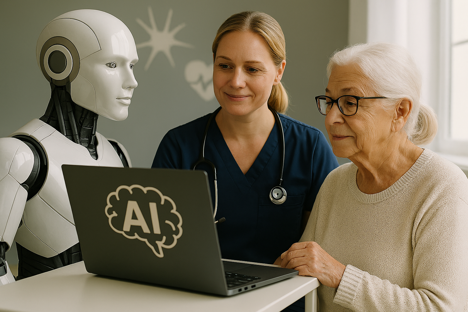 En robot sitter ved siden av en helsesykepleier i blå uniform med stetoskop, sammen med en eldre person og ser på en pc med AI-symbol
